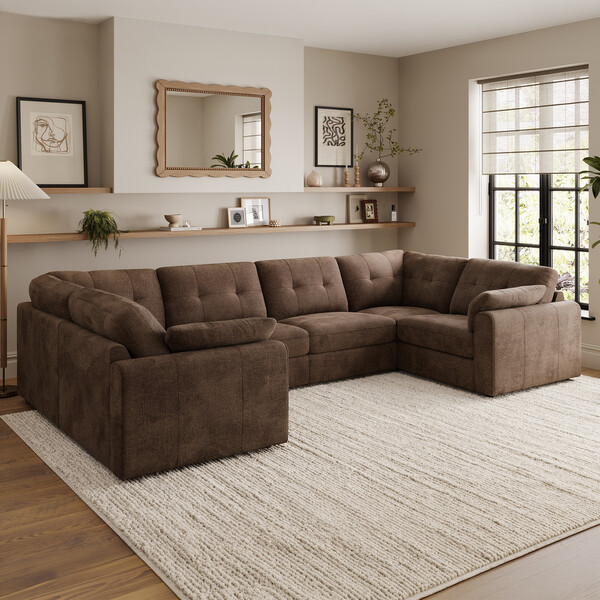 Chocolate Fabric Sofas - Modular 6 Seater U-Shape Sofa - Marley Range - Oak Furnitureland