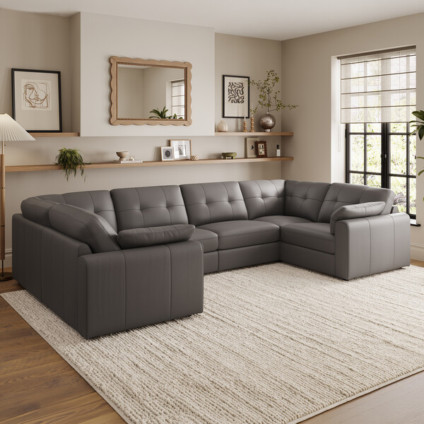 Elephant Grey Leather Sofas - Modular 6 Seater U-Shape Sofa - Marley Range - Oak Furnitureland