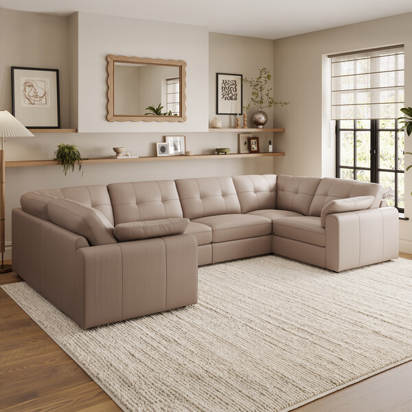 Mushroom Leather Sofas - Modular 6 Seater U-Shape Sofa - Marley Range - Oak Furnitureland
