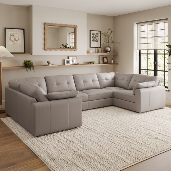 Oyster Leather Sofas - Modular 6 Seater U-Shape Sofa - Marley Range - Oak Furnitureland