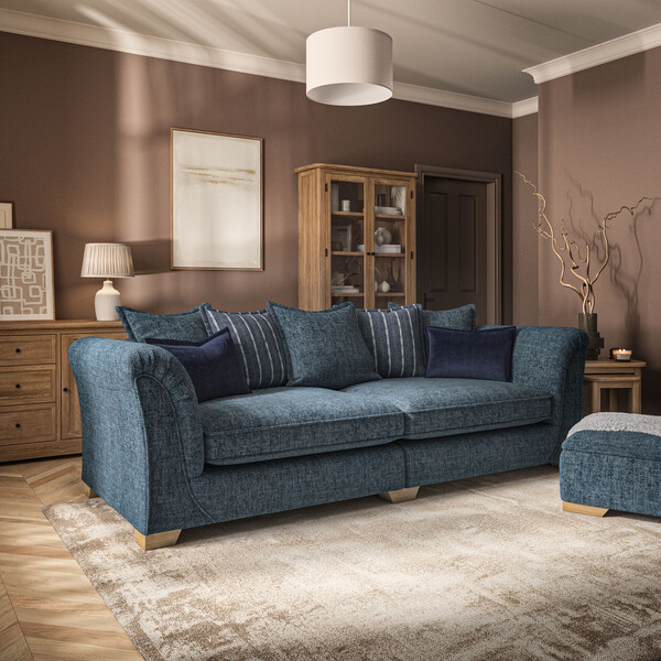 Milldale 4 Seater Pillow Back Sofa in  Milo Navy Fabric with Navy Scatters - Oak Furnitureland