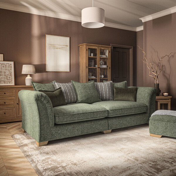 Milldale 4 Seater Pillow Back Sofa in Milo Olive Fabric with Earth Scatters - Oak Furnitureland