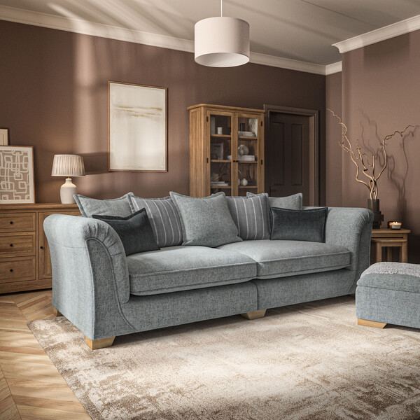 Milldale 4 Seater Pillow Back Sofa in Milo Pewter Fabric with Grey Scatters - Oak Furnitureland