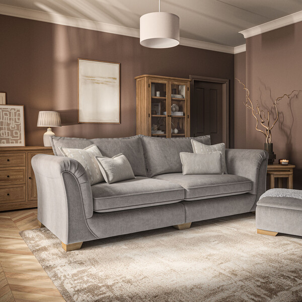 Milldale 4 Seater Sofa in Garda Acier Fabric with Linen Scatters - Oak Furnitureland