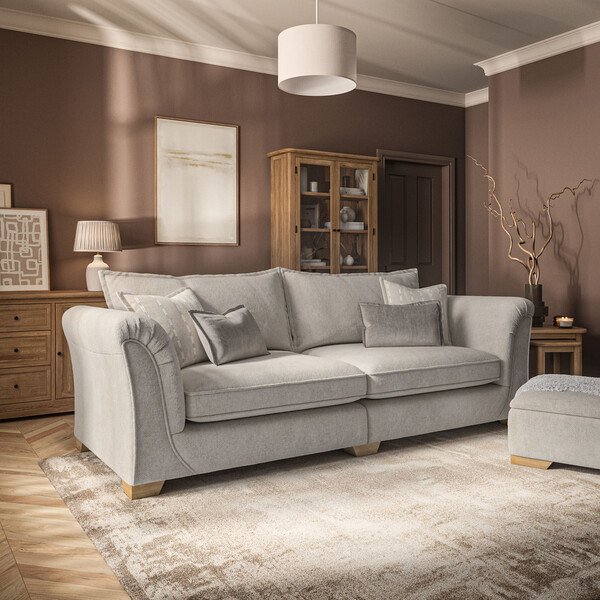 Milldale 4 Seater Sofa in Milo Cream Fabric with Linen Scatters - Oak Furnitureland
