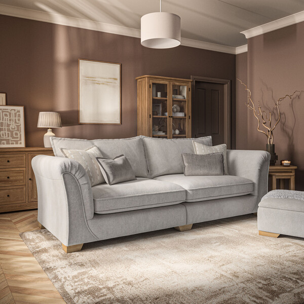 Milldale 4 Seater Sofa in  Milo Ivory Fabric with Linen Scatters - Oak Furnitureland