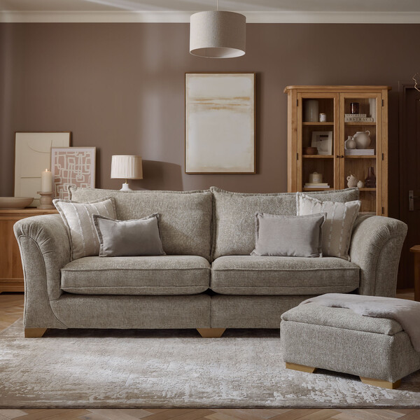 Milldale 4 Seater Sofa in Milo Mink Fabric with Linen Scatters - Oak Furnitureland