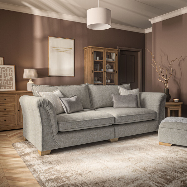 Milldale 4 Seater Sofa in Milo Mink Fabric with Linen Scatters - Oak Furnitureland