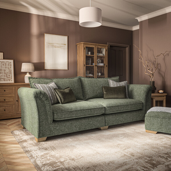 Milldale 4 Seater Sofa in Milo Olive Fabric with Earth Scatters - Oak Furnitureland