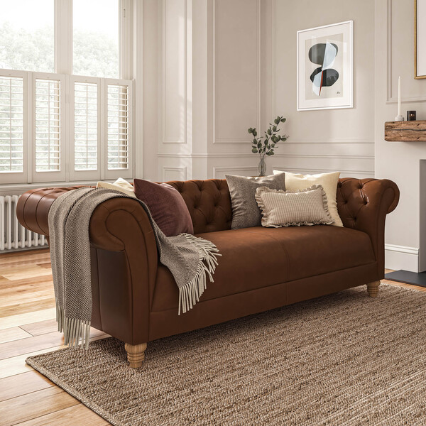 Chestnut Brown Leather Sofas - 3 Seater Sofa - Montgomery Range - Oak Furnitureland