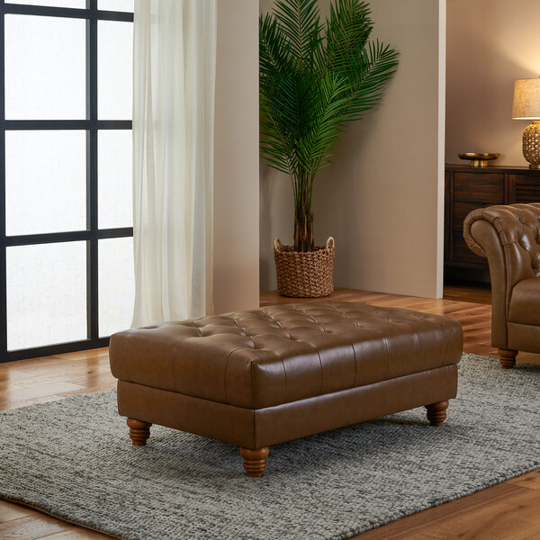 Camel Leather Sofas - Footstool - Montgomery Range - Oak Furnitureland