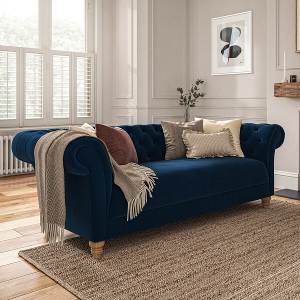 Navy Velvet Sofas - 3 Seater Sofa - Montgomery Range - Oak Furnitureland