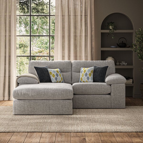 Santos Silver Fabric Sofas - 2 Seater Left Hand Compact Chaise Sofa - Morgan Sectional Sofas Range - Oak Furnitureland
