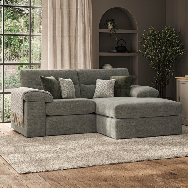 Cupid Olive Green Fabric Sofas - 2 Seater Right Hand Compact Chaise Sofa - Morgan Sectional Sofas Range - Oak Furnitureland