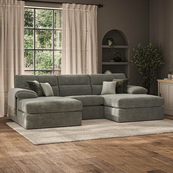Cupid Olive Green Fabric Sofas - 3 Seat Double Chaise End Sofa - Morgan Sectional Sofas Range - Oak Furnitureland