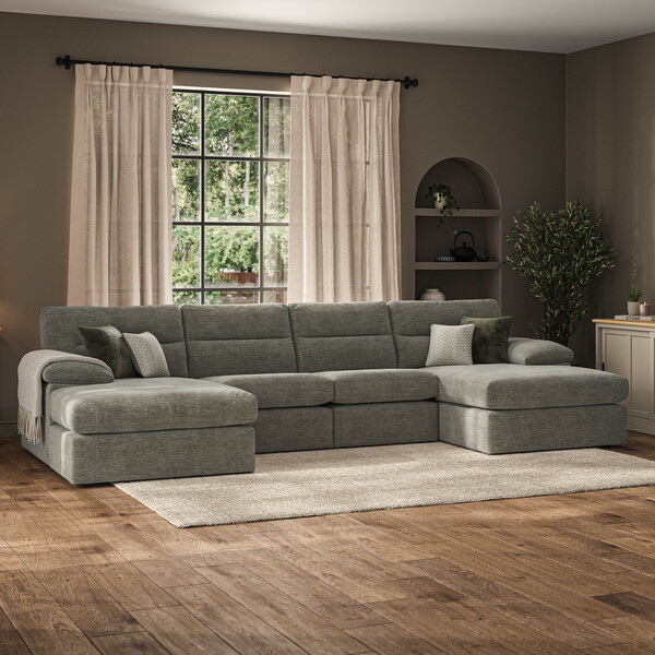 Cupid Olive Green Fabric Sofas - 4 Seat Double Chaise End Sofa - Morgan Sectional Sofas Range - Oak Furnitureland
