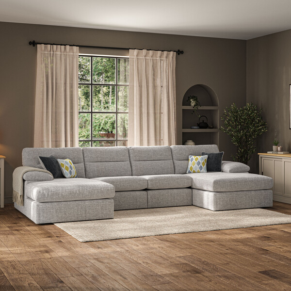 Santos Silver Fabric Sofas - 4 Seat Double Chaise End Sofa - Morgan Sectional Sofas Range - Oak Furnitureland