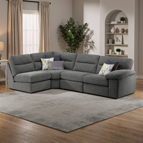 Santos Grey Fabric Sofas - Modular 4 Seat Right Hand Corner Sofa - Morgan Sectional Sofas Range - Oak Furnitureland