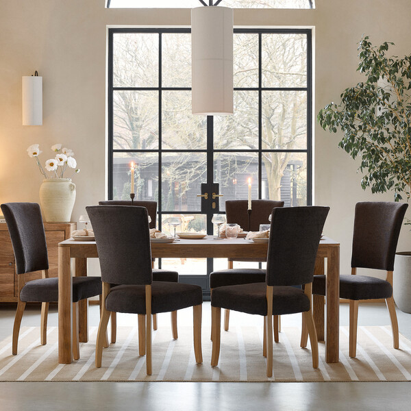 Noah Solid Mango Dining Table + 6 Upholstered Curve Back Plain Charcoal Fabric Chairs - Oak Furnitureland