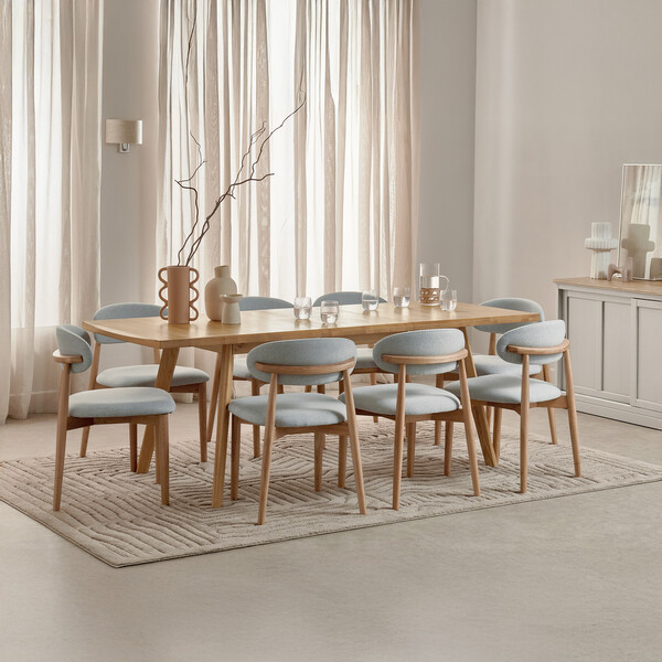 Oaklee Natural Oak Extendable Dining Table + 8 Otis Chairs Cloud Grey with Oak Legs   - Oak Furnitureland