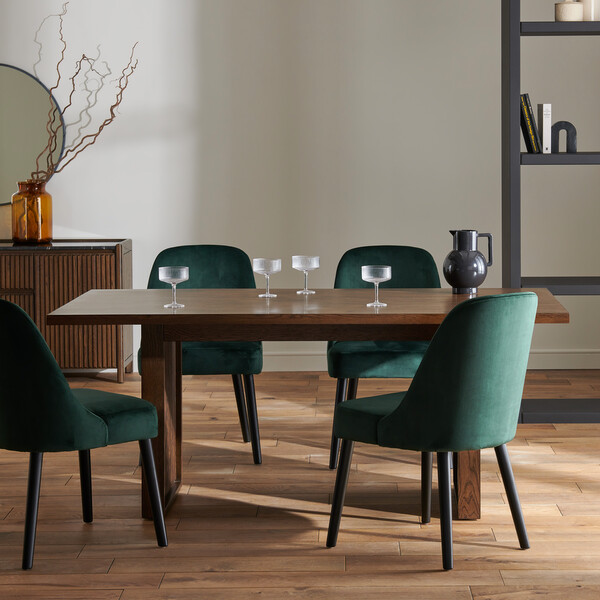 Oliver Dark Oak 5ft11 Dining Table + 4 Bette Chairs with Black Legs in Heritage Bottle Green Velvet - Oak Furnitureland