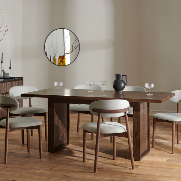 Oliver Dark Oak Dining Table + 6 Otis Chairs Cool Grey with Walnut Stained Beech Legs  - Oak Furnitureland