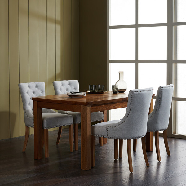 Orrick Rustic Solid Oak 4ft 7" Extending Table with 4 Vivien Button Back Chair in Cream Fabric - Oak Furnitureland