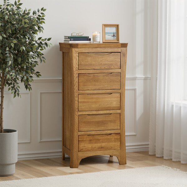 Handmade 100% Solid Rustic Oak Chest of Drawers - 5 Drawer Tallboy - Orrick Range - Oak Furnitureland
