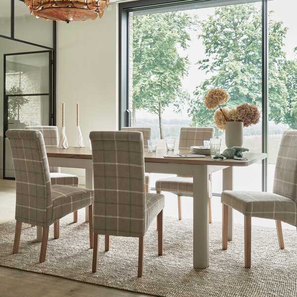 Otto Smoked Oak Finish and Cashmere Painted Extendable Dining Table + 6 Scroll Back Chairs in Checked Beige Fabric with Oak Legs - Oak Furnitureland