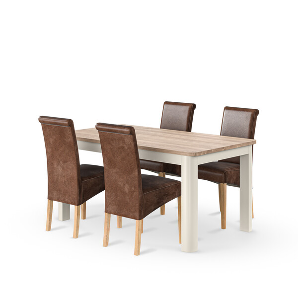 Otto Smoked Oak Finish and Cashmere Painted Extendable Dining Table 160-210cm + 4 Scroll Back Chair in Vintage Brown Leather Look Fabric with Oak Legs - Oak Furnitureland