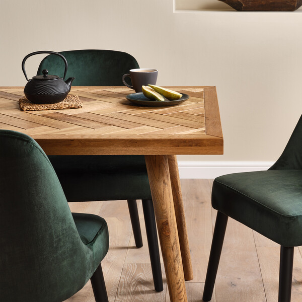 Parquet Brushed and Glazed Oak 8 Seater Dining Table + 4 Bette Upholstered Chairs with Black Legs in Heritage Bottle Green Velvet - Oak Furnitureland