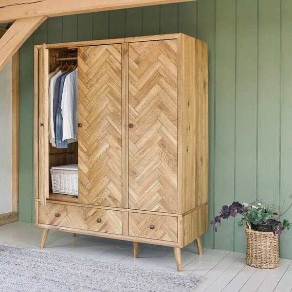 Brushed & Glazed Solid Oak Wardrobes - Triple Wardrobe - Parquet Range - Oak Furnitureland