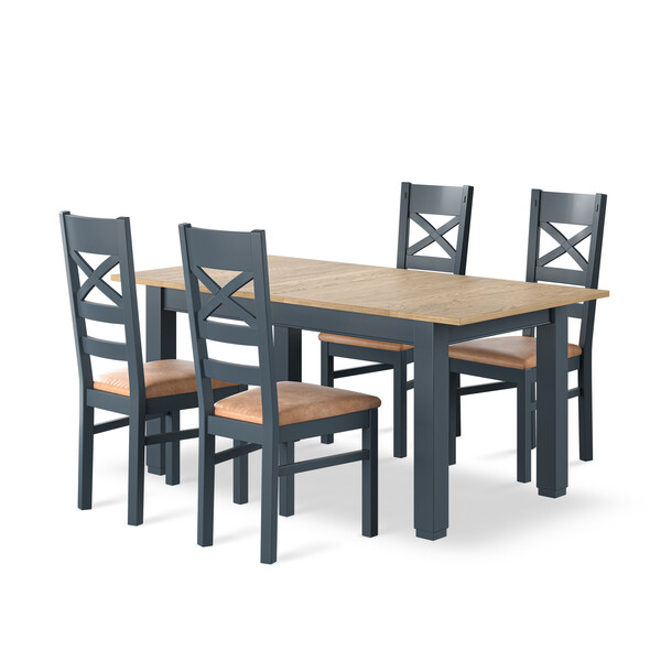 Richmond Smoked Oak Finish and Ink Blue Painted Extending Dining Table + 4 Richmond Painted Dining Chairs with Vintage Tan Seat Pads - Oak Furnitureland