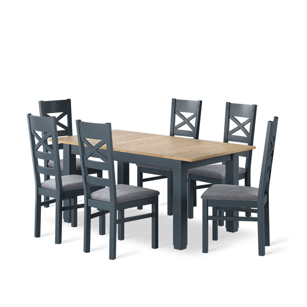 Richmond Smoked Oak Finish and Ink Blue Painted Extending Dining Table + 6 Richmond Painted Dining Chairs with Dappled Silver Seat Pads - Oak Furnitureland