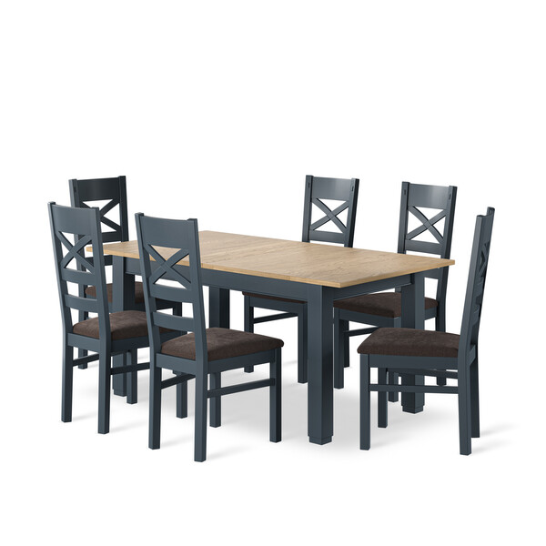 Richmond Smoked Oak Finish and Ink Blue Painted Extending Dining Table + 6 Richmond Painted Dining Chairs with Plain Charcoal Seat Pads - Oak Furnitureland