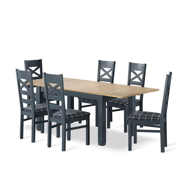 Richmond Smoked Oak Finish and Ink Blue Painted Extending Dining Table + 8 Richmond Painted Dining Chairs with Checked Slate Seat Pads - Oak Furnitureland