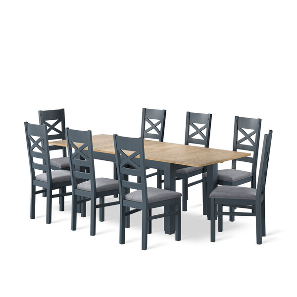 Richmond Smoked Oak Finish and Ink Blue Painted Extending Dining Table + 8 Richmond Painted Dining Chairs with Dappled Silver Seat Pads - Oak Furnitureland