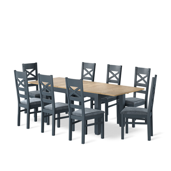 Richmond Smoked Oak Finish and Ink Blue Painted Extending Dining Table + 8 Richmond Painted Dining Chairs with Heritage Granite Seat Pads - Oak Furnitureland