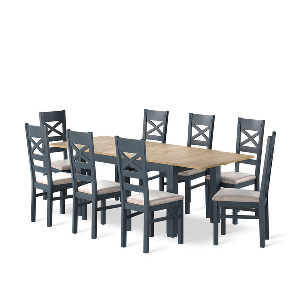 Richmond Smoked Oak Finish and Ink Blue Painted Extending Dining Table + 8 Richmond Painted Dining Chairs with Heritage Mink Seat Pads - Oak Furnitureland
