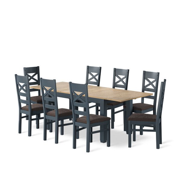 Richmond Smoked Oak Finish and Ink Blue Painted Extending Dining Table + 8 Richmond Painted Dining Chairs with Plain Charcoal Seat Pads - Oak Furnitureland