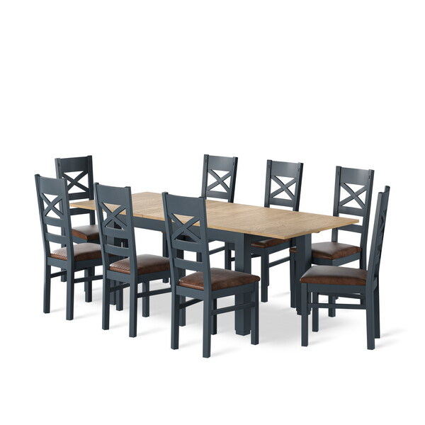 Richmond Smoked Oak Finish and Ink Blue Painted Extending Dining Table with 8 Richmond Chairs - Oak Furnitureland