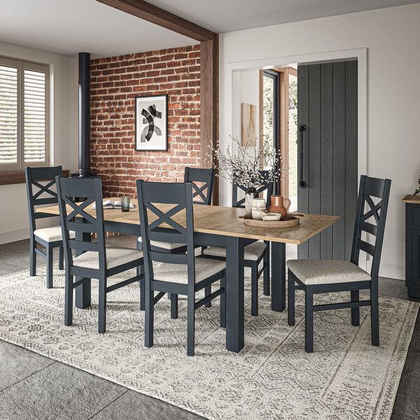 Richmond Smoked Oak Finish and Ink Blue Painted Extending Dining Table + 6 Richmond Ink Blue Painted Dining Chairs with Plain Grey Seat Pads - Oak Furnitureland