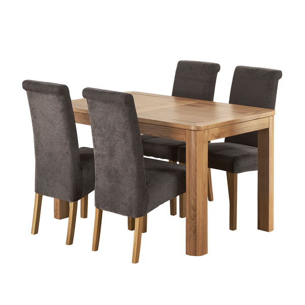 Romsey Natural Solid Oak Extending Dining Table with 4 Scroll Back Plain Charcoal Fabric Chairs - Oak Furnitureland
