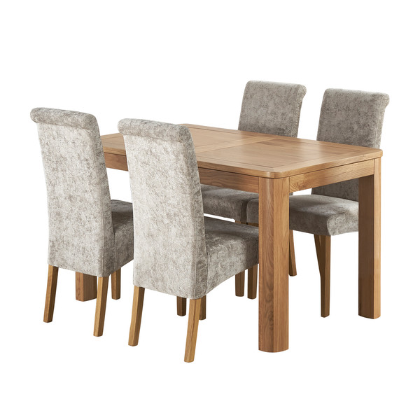 Romsey Natural Solid Oak Extending Dining Table with 4 Scroll Back Plain Truffle Fabric Chairs - Oak Furnitureland