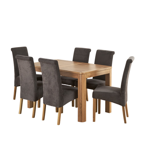 Romsey Natural Solid Oak Extending Dining Table with 6 Scroll Back Plain Charcoal Fabric Chairs - Oak Furnitureland