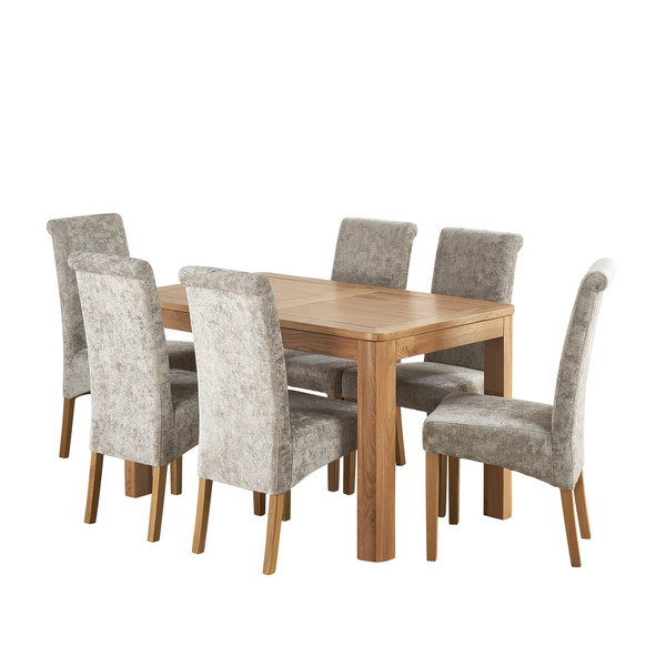 Romsey Natural Solid Oak Extending Dining Table with 6 Scroll Back Plain Truffle Fabric Chairs - Oak Furnitureland