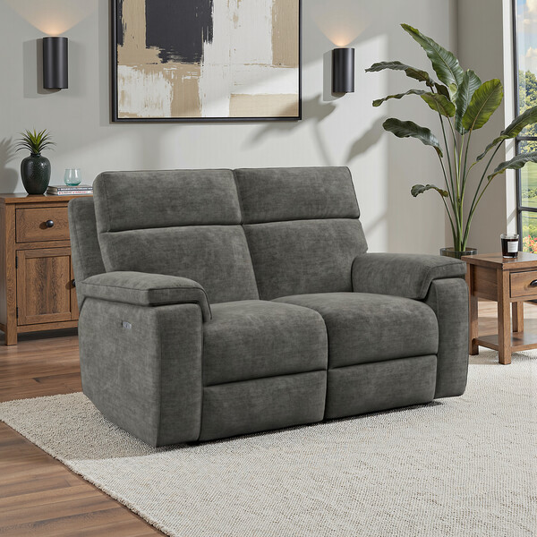 Plush Charcoal Fabric Sofas - 2 Seater Electric Recliner Sofa - Selby Range - Oak Furnitureland