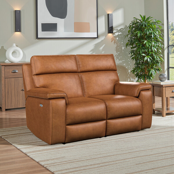 Virgo Cognac Leather Sofas - 2 Seater Electric Recliner Sofa - Selby Range - Oak Furnitureland