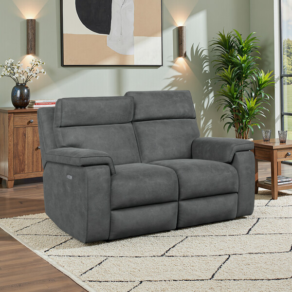 Miller Grey Fabric Sofas - 2 Seater Electric Recliner Sofa with Power Headrest - Selby Range - Oak Furnitureland