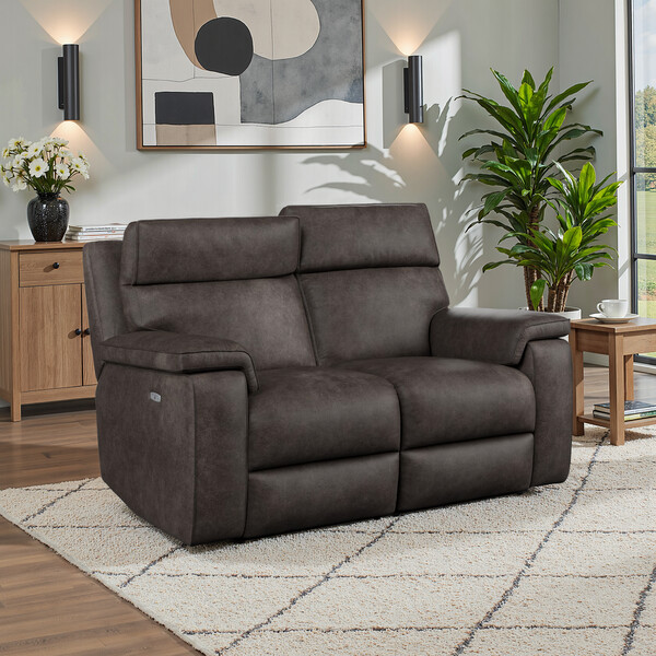 Pilgrim Pewter Fabric Sofas - 2 Seater Electric  Recliner Sofa with Power Headrest - Selby Range - Oak Furnitureland